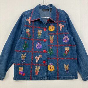 Vintage Life Style Large Blue Denim Embroidered Christmas Holiday Jeans Jacket